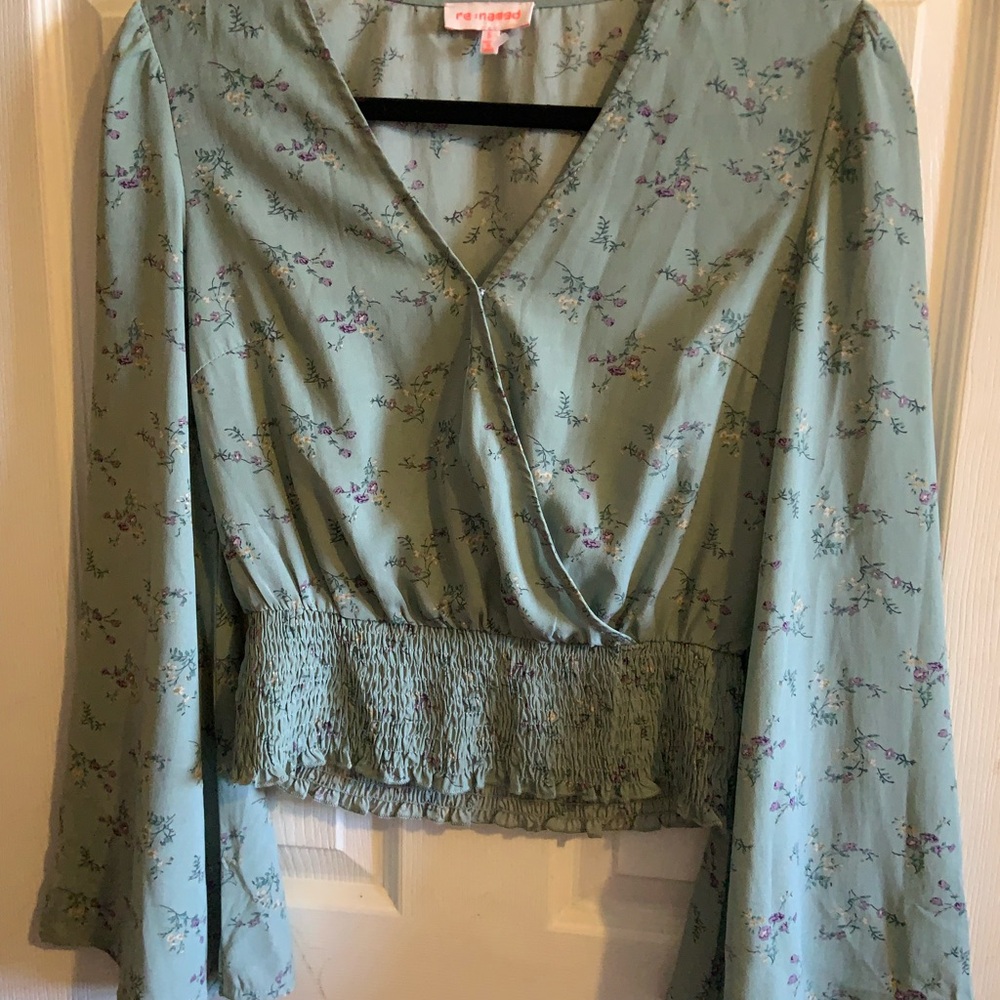 Re:named Green Wrap Blouse with Bell Sleeves